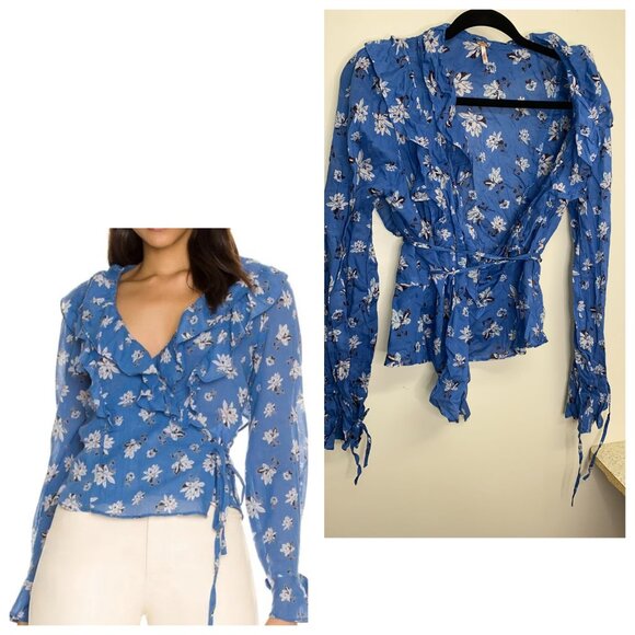 Free People Tops - Free People Amanda Ruffle Detail Wrap Blouse in Blue
